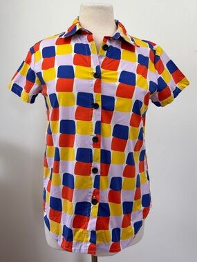 Nooworks Multicolor Grid Print Short Sleeve Button Up Shirt Small